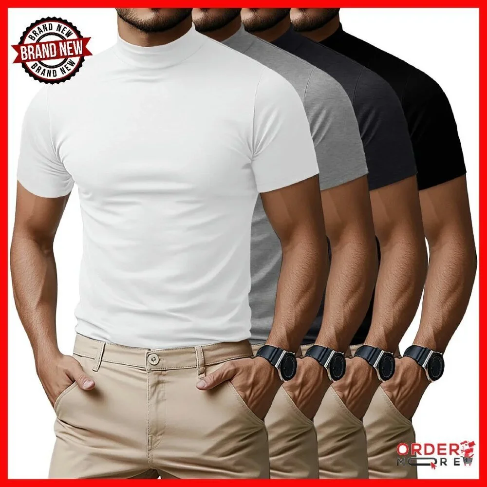 Men's Mock Neck T-Shirts 4-Pack, Cotton Spandex, Short Sleeve Undershirts